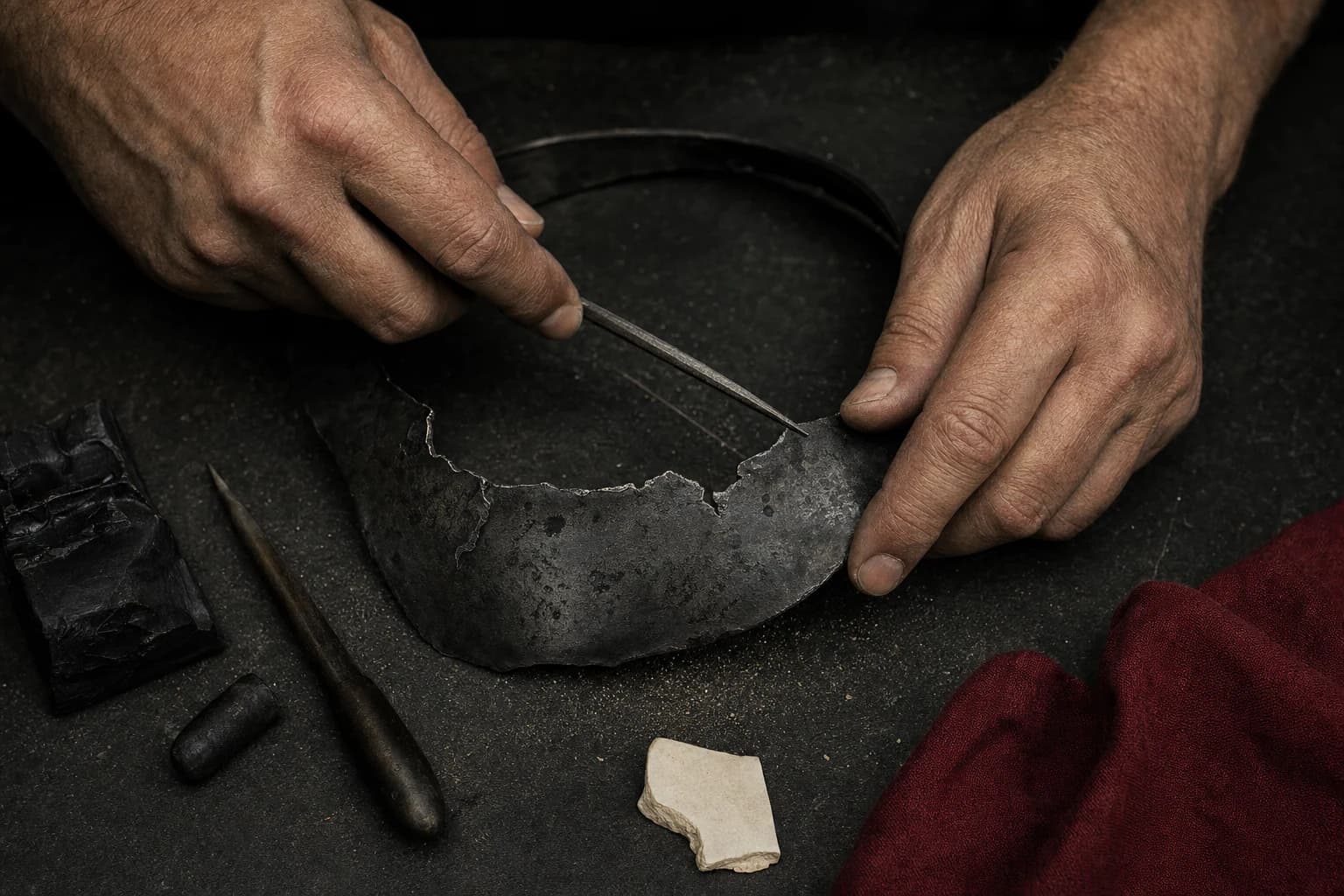 Mãos trabalhando uma peça de metal escurecido no atelier VESTIGIAL