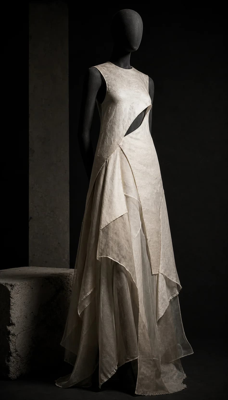 Vestido marfim em camadas translúcidas com bordas irregulares