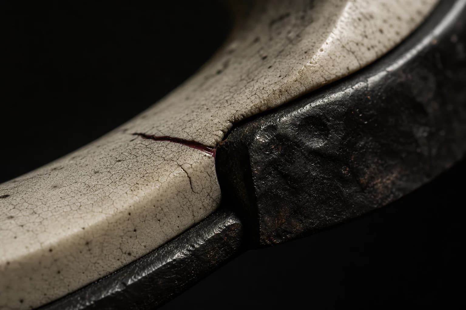 Objeto Vestígio 01 em metal negro e superfície mineral marfim